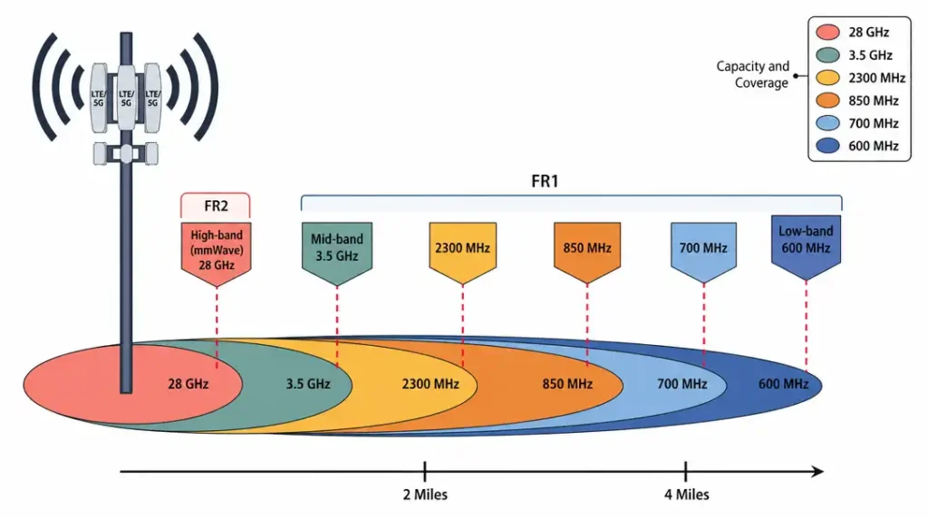 Multi layer 5G coverage diagram showing low band wide coverage mid band medium coverage and mmWave small coverage